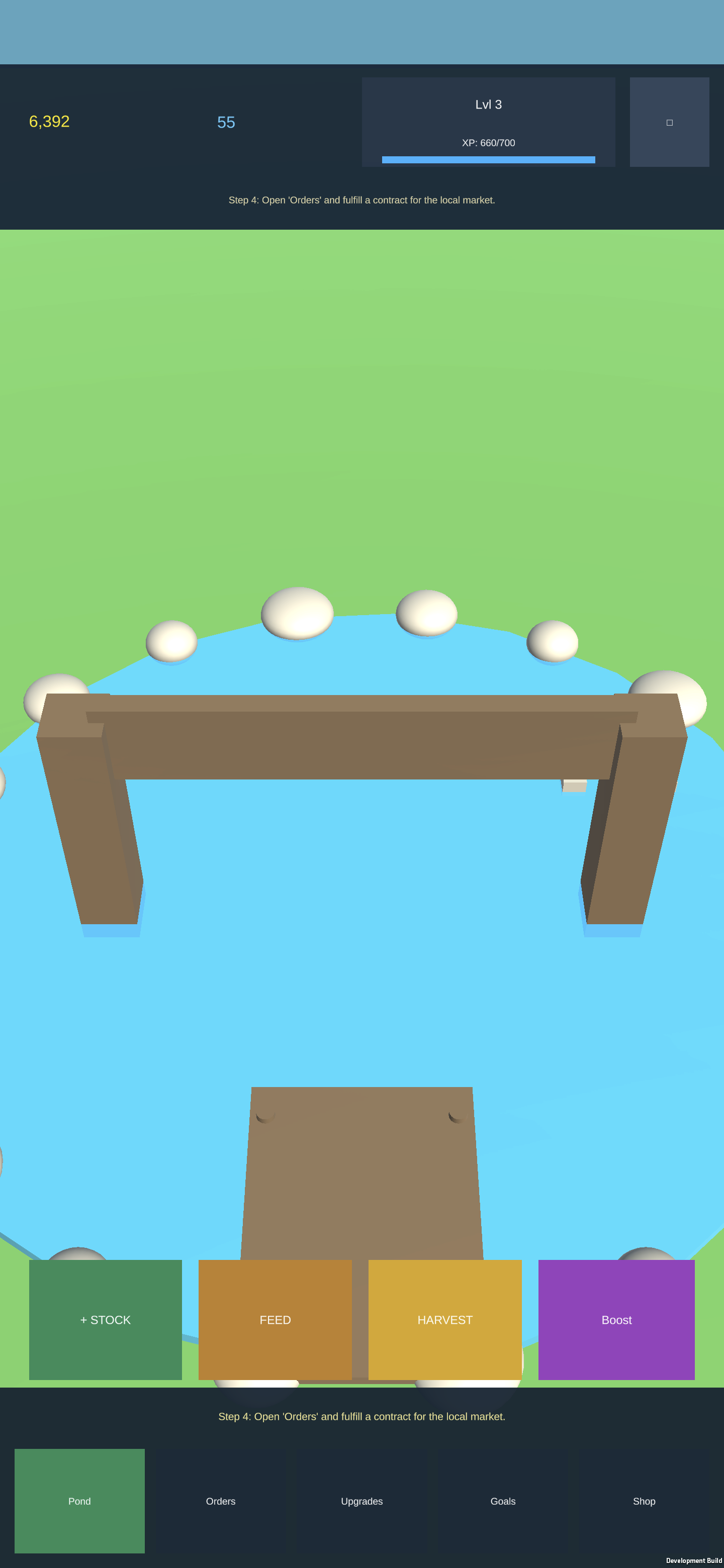 Aqua Empire gameplay view on mobile showing pond, feeding pellets, and thumb controls